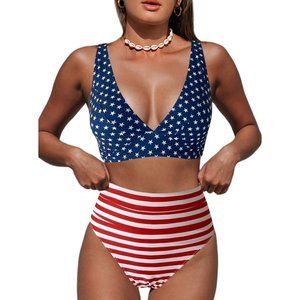 2 Piece Women's Leopard V Neck High Waisted Bathing Suits